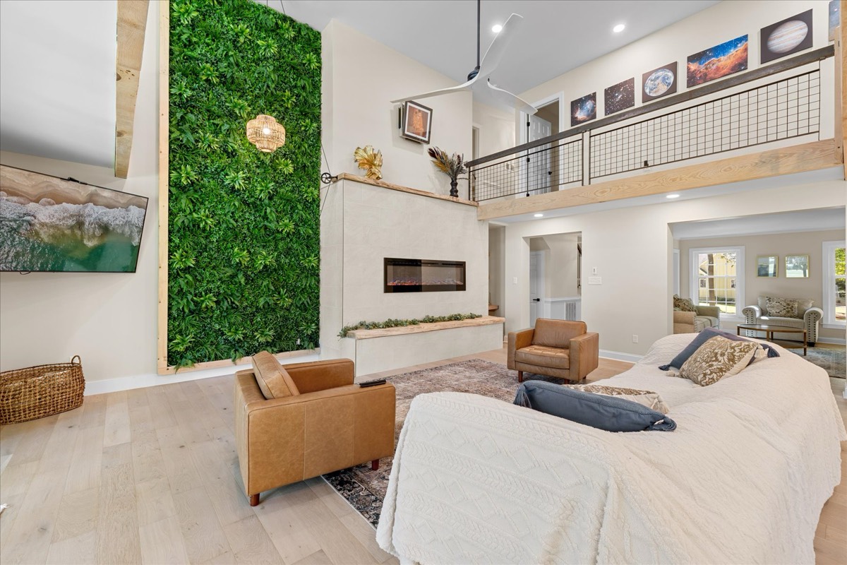 Decorative green wall and fireplace detail
